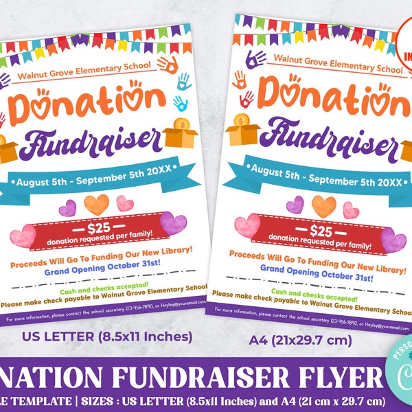 Editable Donation Fundraiser Flyer Template, PTA PTO Fundraiser Flyer,  Church School Flyer Printable, Digital Printable