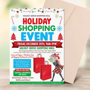 Puede incluir: Un folleto festivo para un evento de compras navideñas en el centro comercial Walnut Grove. El folleto presenta un árbol de Navidad rojo y verde, copos de nieve y una mujer que lleva bolsas de compras. El evento es el viernes 20 de diciembre, de 9 a. m. a 9 p. m. El folleto también menciona dulces gratis, cócteles, cabinas de fotos y regalos.