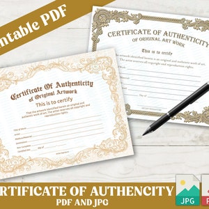 Printable Blank PDF Certificate of Authenticity for Artwork Gold and Brown Bundle, DIY Authenticity Certificate