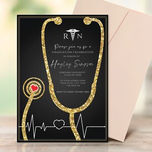 Nurse Graduation Invitation Black and Gold, Nursing Grad Invite Template, Graduation Party Invitation