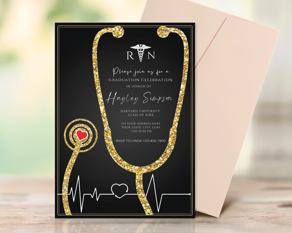 Nurse Graduation Invitation Black and Gold, Nursing Grad Invite Template, Graduation Party Invitation