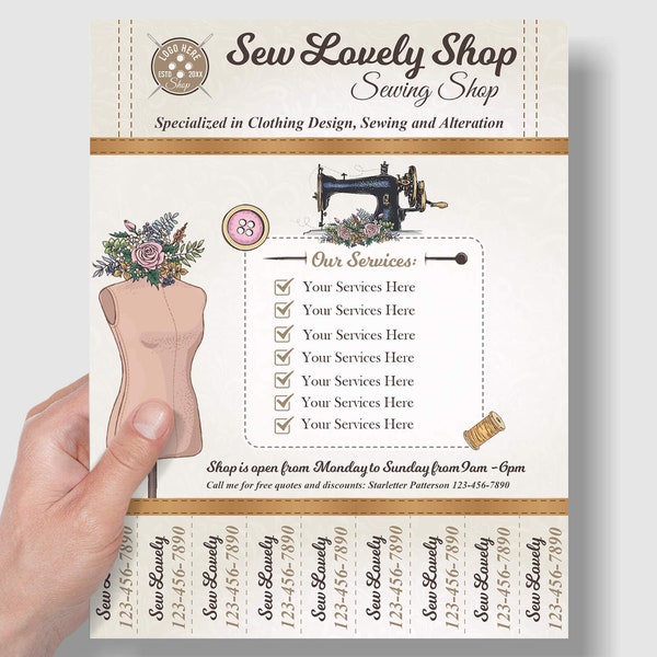 Editable Sewing Business Flyer Template With Tear-off Tabs | Tailor, Seamstress, Crafter Business Marketing Flyer, Instant Download