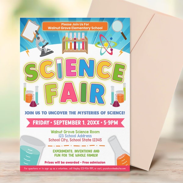 Editable Science Fair Flyer,  School Academic Festival Flyer, PTO PTA Science Party, Chemistry Engineering Math Science Event