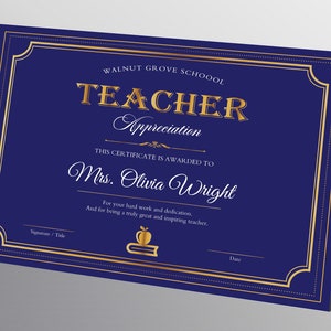 Editable  Teacher Appreciation Certificate Blue, Appreciation Week Custom Award Certificate Template, Elegant Appreciation Editable Template