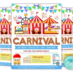Editable School Carnival Flyer, Circus Party Invitation, School Church Benefit Fundraiser Event Poster, School PTO PTA Invitation