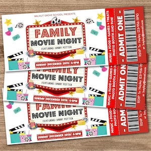 Editable Family Movie Night Ticket Template, School Church Benefit Fundraiser Event Ticket, Cinema Party Invitation Ticket, PTA PTO Ticket