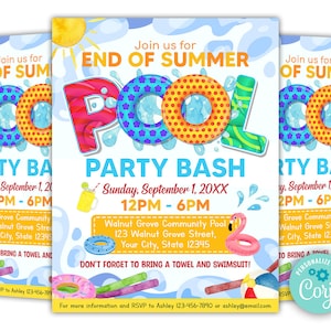 EDITABLE End of Summer Pool Party Invitation, Back to School Pool Party, Splish Splash Party, Printable Invite