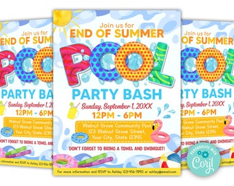 EDITABLE End of Summer Pool Party Invitation, Back to School Pool Party, Splish Splash Party, Printable Invite