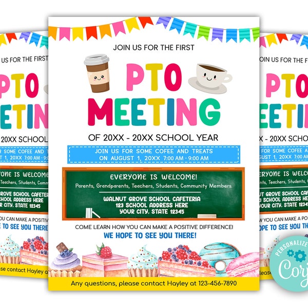 Editable PTO PTA Meeting Flyer Template, Back to School Breakfast Fundraiser Flyer, School Volunteer Fundraiser Event