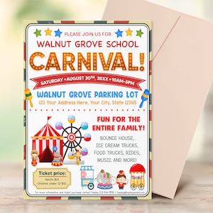 Family School Carnival Flyer Template, Circus Party Invitation, School PTO PTA Invitation, School Church Benefit Fundraiser Event Poster