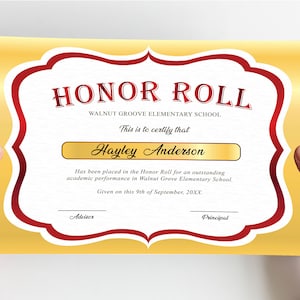 Editable Honor Roll Award Certificate, Beige Red School Certificate Template, Printable School Awards, Instant Download