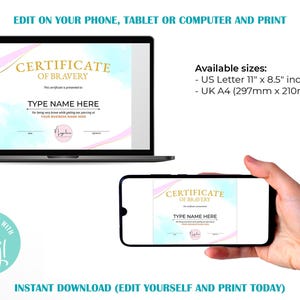 Certificate of Bravery, Editable Bravery Award Certificate Template for Being Brave, Instant Download