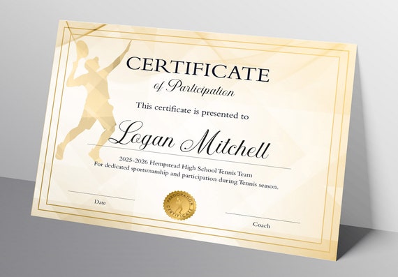 Editable Boys Tennis Certificate Template, Customizable Printable Tennis Award for Youth Il_570xn