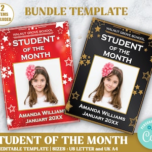 Editable Student Of The Month or Student of the Week Poster, Black and Red Bundle, DIY School Award Template, Achievement Template