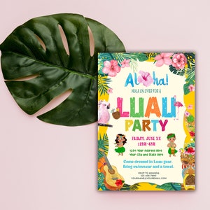 May include: A colorful invitation for a Luau party with a pink flamingo, a parrot, and a ukulele. The text reads "Aloha! Hula on over for a Luau Party. Friday, June XX 12PM-4PM 1234 Your Address Here Your City and State Here Come dressed in Luau gear. Bring swimwear and a towel. RSVP to Amanda 123-456-7890 YOURNAME@YOURMAIL.COM"