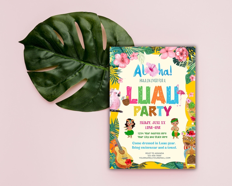 May include: A colorful invitation for a Luau party with a pink flamingo, a parrot, and a ukulele. The text reads "Aloha! Hula on over for a Luau Party. Friday, June XX 12PM-4PM 1234 Your Address Here Your City and State Here Come dressed in Luau gear. Bring swimwear and a towel. RSVP to Amanda 123-456-7890 YOURNAME@YOURMAIL.COM"
