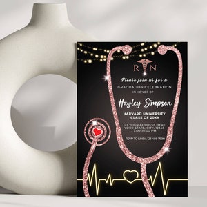 Editable Nurse Graduation Invitation Black and Rose Gold, Nursing Grad Invite Template, Graduation Party Invitation, Paperless Post