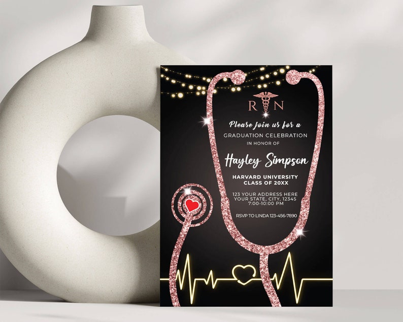 Editable Nurse Graduation Invitation Black and Rose Gold, Nursing Grad Invite Template, Graduation Party Invitation, Paperless Post