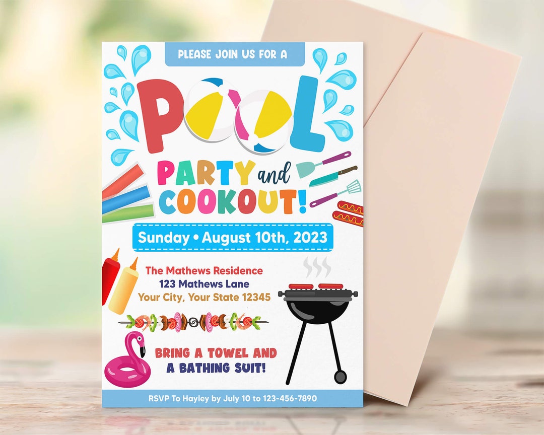 Editable Pool Party and BBQ Invitation, Summer Party Invite, Pool Party