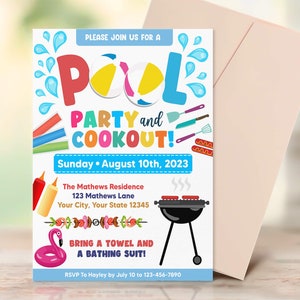 Editable Pool Party and BBQ invitation, Summer Party Invite, Pool Party Invite, BBQ Pool Cookout Party, Instant Download