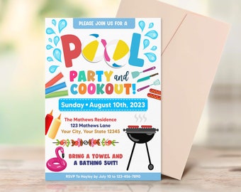 Editable Pool Party and BBQ invitation, Summer Party Invite, Pool Party Invite, BBQ Pool Cookout Party, Instant Download
