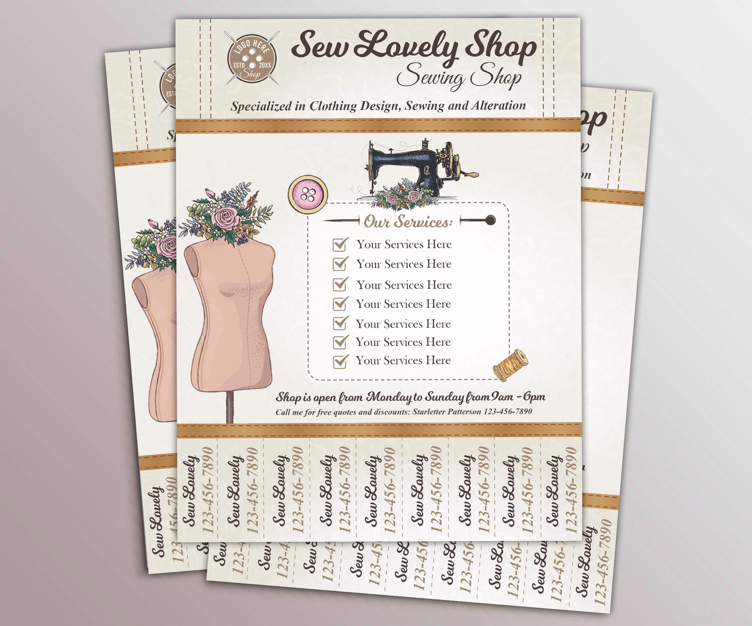 Editable Sewing Business Flyer Template With Tear-off Tabs | Tailor ...