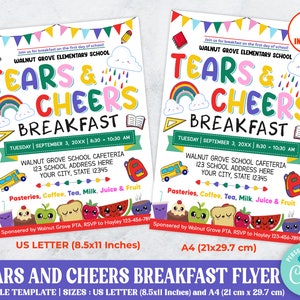 Editable Tears and Cheers Breakfast Flyer Invitation, Back To School PTA PTO Breakfast Invite, School Template Invite, Instant Download