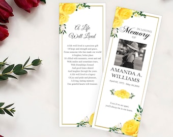 Editable Funeral Bookmark Template, Yellow Rose Obituary Bookmark Funeral Keepsake