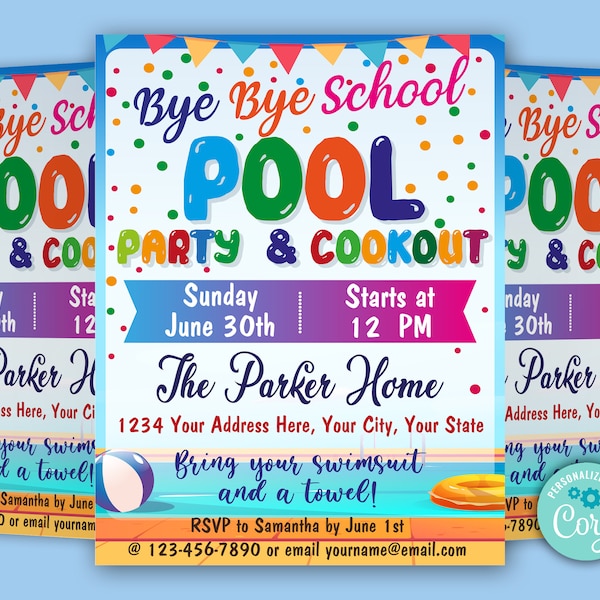 End of School Pool Party Invitation, Kids Pool Party Invites, Teen End of Year Pool Party Bash Invite, Printable Template