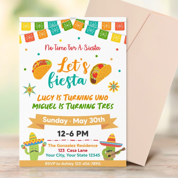 Editable Joint Birthday Fiesta Invitation Template | Sibling Fiesta Birthday Invite