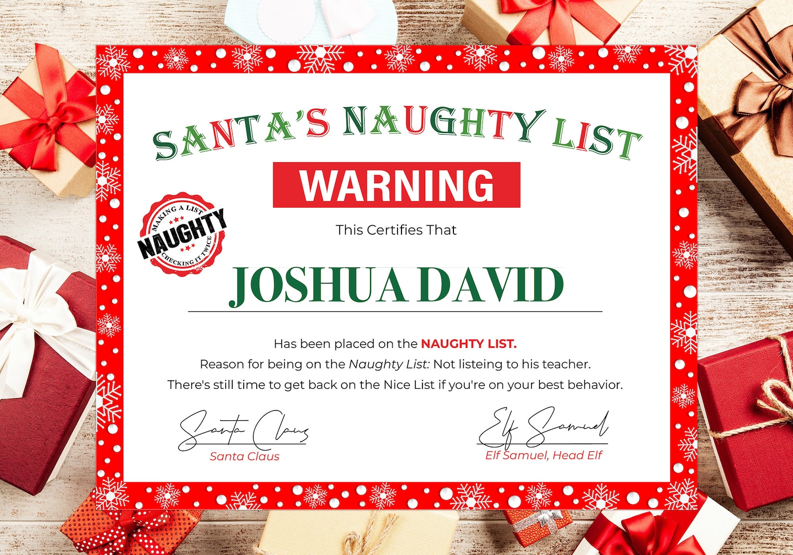 Printable Naughty List Warning, Santa Naughty List Certificate, Cute ...