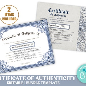 Set of 2  EDITABLE Certificate of Authenticity for Original Work , Custom Vintage Style DIY Authenticity Certificate