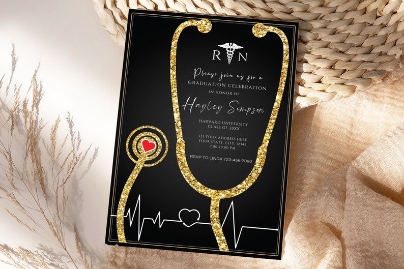 Nurse Graduation Invitation Black and Gold, Nursing Grad Invite Template, Graduation Party Invitation