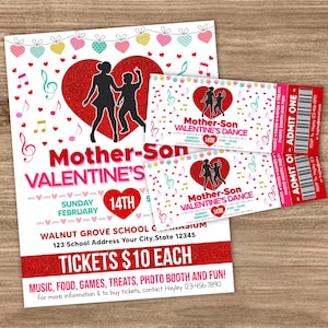 Editable Mother and Son Valentine's Day Dance Ticket and Flyer Template | Valentine School Dance Ticket Template | School Dance Invitation