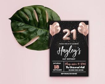 EDITABLE 21st Birthday Invitation for Her, Rose Gold Invitation Printable, Instant Download