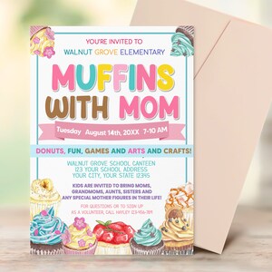 Editable Muffins With Mom Invitation, PTO PTA  Fundraiser Flyer, Mother&#39;s Day Event, Mom Appreciation Breakfast Template