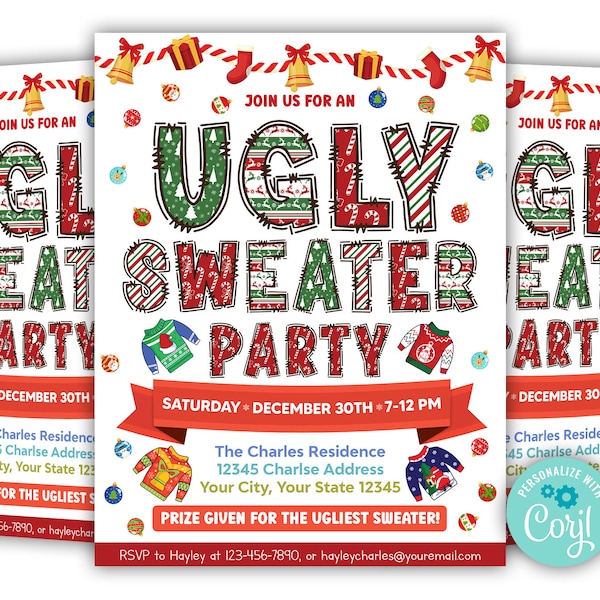 Editable Ugly Sweater Holiday Party Invite, Ugly Sweater Contest, Colorful Ugly Sweater Party Invitation Template, Instant Download