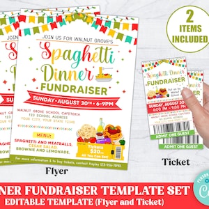Editable Spaghetti Dinner Flyer and Ticket Invitation, Italian Pasta Dinner Fundraiser Flyer Set Template, PTO PTA Church School Fundraiser