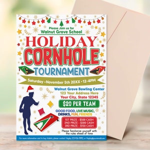 Holiday Cornhole Tournament Flyer, Sports Fundraiser, Editable Cornhole Fundraiser Invite Template, PTO PTA Church School Charity Event