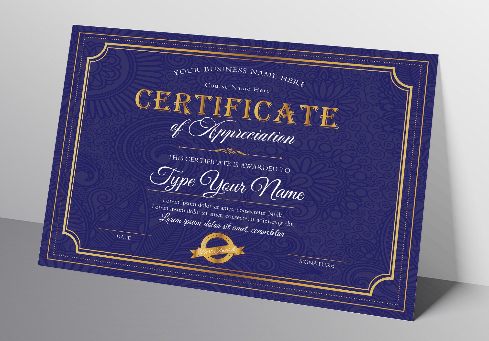 Editable Certificate of Appreciation Royal Blue and Gold, Elegant ...