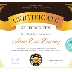 Certificate of Recognition Template Certificate of Recognition Certificate Template Certificate Editable Template Certificate Template image 1