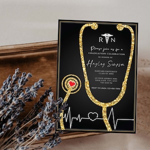Nurse Graduation Invitation Black and Gold, Nursing Grad Invite Template, Graduation Party Invitation