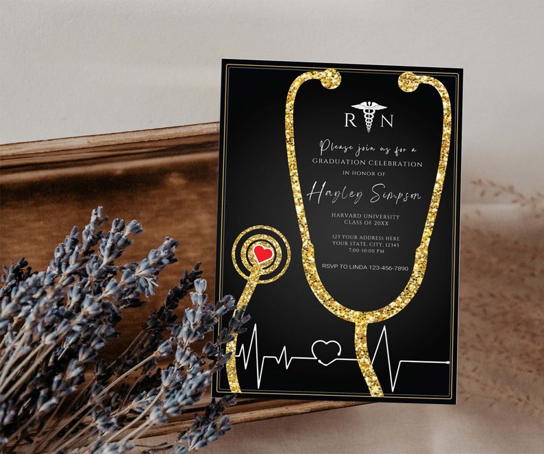 Nurse Graduation Invitation Black and Gold, Nursing Grad Invite Template, Graduation Party Invitation