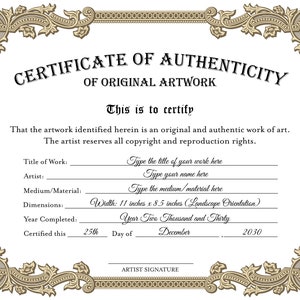 EDITABLE Certificate of Authenticity for Artwork, Diy Authenticity Certificate Brown Beige