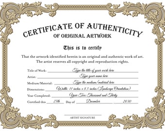 EDITABLE Certificate of Authenticity for Artwork, Diy Authenticity Certificate Brown Beige
