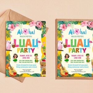 May include: A colorful invitation to a Luau party with a tropical theme. The invitation features a bright yellow background with green palm leaves, pink flowers, and a pink flamingo. The text "Aloha!" is written in a colorful font, and the words "Hula on over for a Luau Party" are written in a large, colorful font. The invitation also includes the date and time of the party, as well as the address. The text "Come dressed in Luau gear. Bring swimwear and a towel." is written in a smaller font.