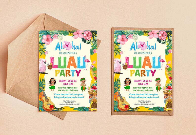 May include: A colorful invitation to a Luau party with a tropical theme. The invitation features a bright yellow background with green palm leaves, pink flowers, and a pink flamingo. The text "Aloha!" is written in a colorful font, and the words "Hula on over for a Luau Party" are written in a large, colorful font. The invitation also includes the date and time of the party, as well as the address. The text "Come dressed in Luau gear. Bring swimwear and a towel." is written in a smaller font.
