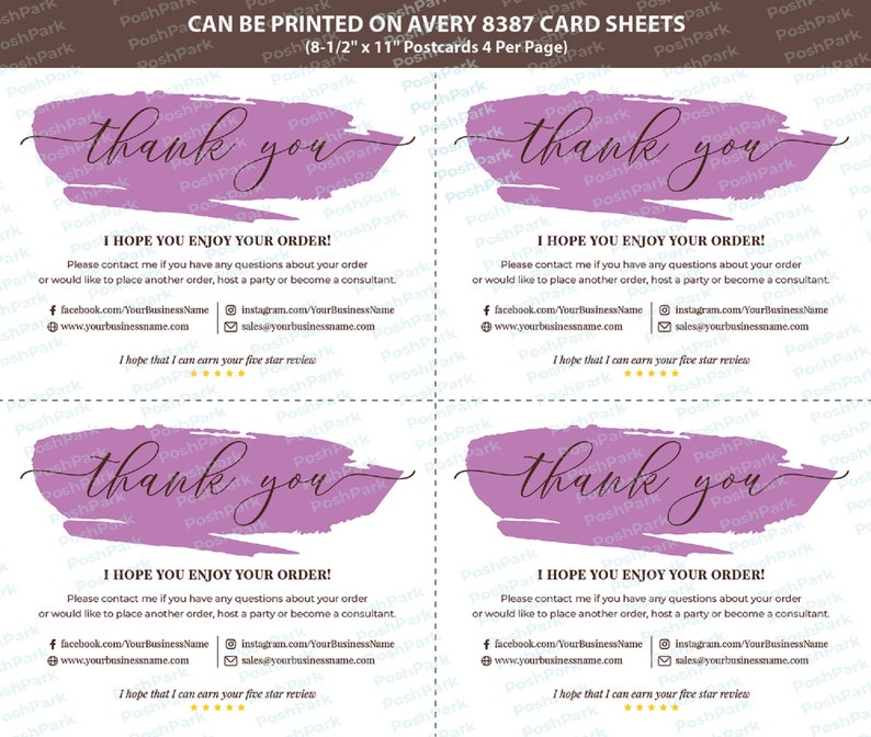 K&ouml;nnte beinhalten: Vier Dankeskarten mit einem violetten Aquarellhintergrund. Der Text "Danke" ist in schwarzer Kursivschrift geschrieben. Die Karten enthalten Kontaktinformationen f&uuml;r ein Unternehmen, einschlie&szlig;lich einer Website, Facebook und Instagram.