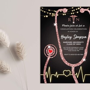Editable Nurse Graduation Invitation Black and Rose Gold, Nursing Grad Invite Template, Graduation Party Invitation, Paperless Post