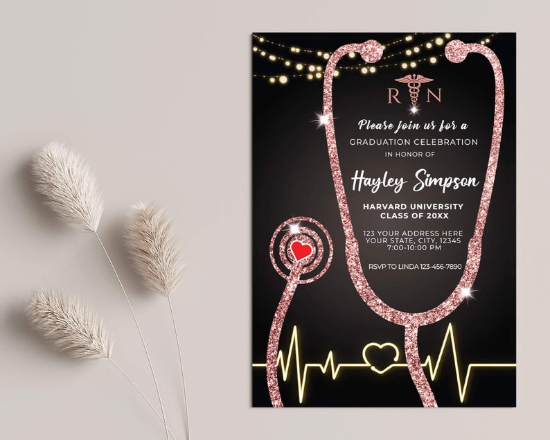 Editable Nurse Graduation Invitation Black and Rose Gold, Nursing Grad Invite Template, Graduation Party Invitation, Paperless Post